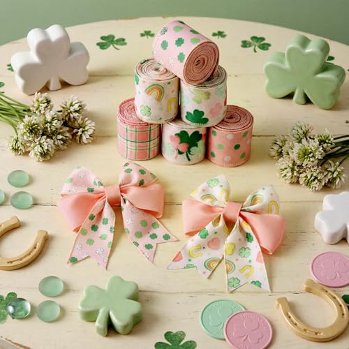 12 Rolls St Patrick's Day Wired Edge Ribbon Lucky Charm Pink Shamrock Print Clover Fabric Grosgrain Wrapping Ribbon for Bow Wreath Party Home Decor 12 Styles (12 Count)