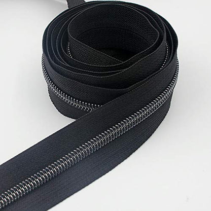 5 Black Nickel Metallic Nylon Coil Teeth Zippers by The Yard Bulk 10 Yards Zipper Tape with 25pcs Black Nickel Sliders for DIY Sewing Tailor Craft Bag