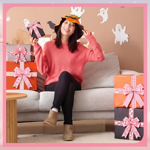 12 Rolls 60 Yards Pink Halloween Wired Ribbon for Wreath Bow Craft (12 Count)