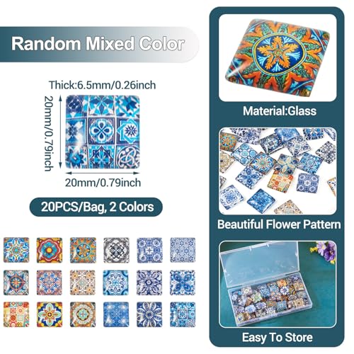 20Pcs 20mm Flower Printed Mosaic Tile Glass Cabochon Square Floral Glass CabochonsVintage Mixed Colors Dome Cabochon for Photo Cameo Pendant Craft Jewelry Making Supplies Craft (20 Count)