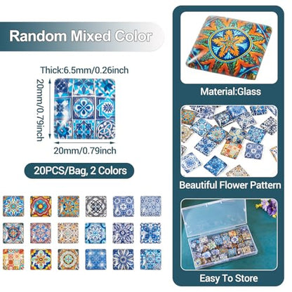20Pcs 20mm Flower Printed Mosaic Tile Glass Cabochon Square Floral Glass CabochonsVintage Mixed Colors Dome Cabochon for Photo Cameo Pendant Craft Jewelry Making Supplies Craft (20 Count)