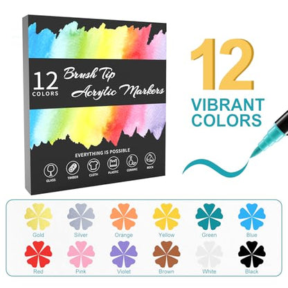 12 Colors Precision Brush & Fine Dual Tip Acrylic Paint Markers Pens (12 Count)