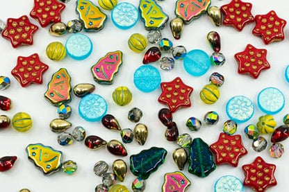 2.1oz (60g) of Christmas Czech Glass Bead Mix 2024 with Trees, Melons, Snowflakes and Faceted Beads, Dark Green Yellow Xmas (2.1164 Ounce)