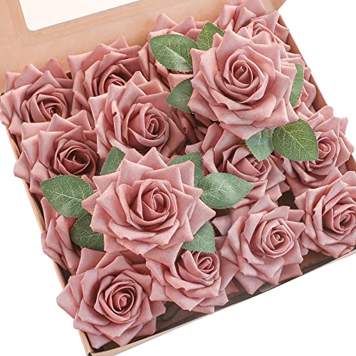 Artificial Flowers 16pcs 3.5" Real Looking Dusty Rose Foam Fake Hybrid Tea Roses with Stems for DIY Wedding Bouquets Bridal Shower Centerpieces Floral Arrangements Party Tables Home Decoration (16 Count)