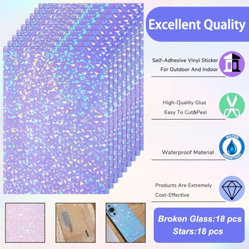 36 Sheets Holographic Sticker Paper A4 Vinyl Holographic Laminate Sheets Self Adhesive Waterproof Transparent Film (36 Count)