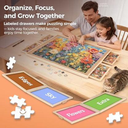 1500 Piece Rotating Puzzle Board with 4 Drawer 24.92"x33.58"Portable Wooden Jigsaw Puzzle Table for Adults