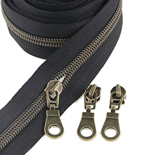 5 Antique Brass Metallic Nylon Coil Zippers by The Yard Bulk 10 Yards Black Zipper Tape with 25pcs Brass Sliders for DIY Sewing Tailor Craft Bag