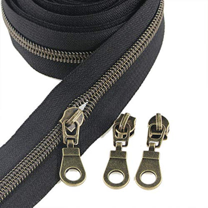 5 Antique Brass Metallic Nylon Coil Zippers by The Yard Bulk 10 Yards Black Zipper Tape with 25pcs Brass Sliders for DIY Sewing Tailor Craft Bag
