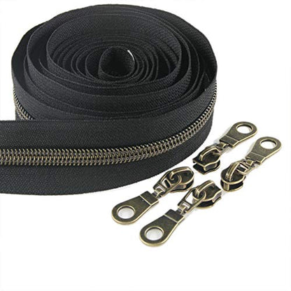 5 Antique Brass Metallic Nylon Coil Zippers by The Yard Bulk 10 Yards Black Zipper Tape with 25pcs Brass Sliders for DIY Sewing Tailor Craft Bag