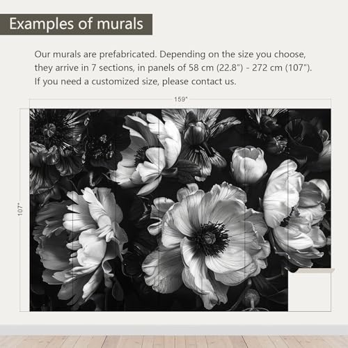 Black Peony Floral Wallpaper Vintage Large Flower wall murals for Bedroom 159"x107"