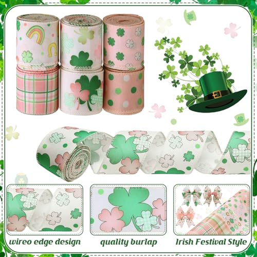 12 Rolls St Patrick's Day Wired Edge Ribbon Lucky Charm Pink Shamrock Print Clover Fabric Grosgrain Wrapping Ribbon for Bow Wreath Party Home Decor 12 Styles (12 Count)