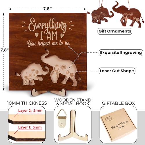 Elephant Wooden Frame Gifts for Mothers Day Mom Mama Elephant Sign Wall Decor Animal Plaque Father's Day Birthday Friendship Family Christmas Gifts for New Mom Nana Grandma from Son
