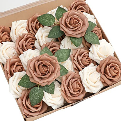 Artificial Flowers 25pcs Real Looking Gold Sparrow & Cream Foam Fake Roses with Stems for DIY Wedding Bouquets Bridal Shower Centerpieces Floral Arrangements Party Tables Home Decorations (33 Count)