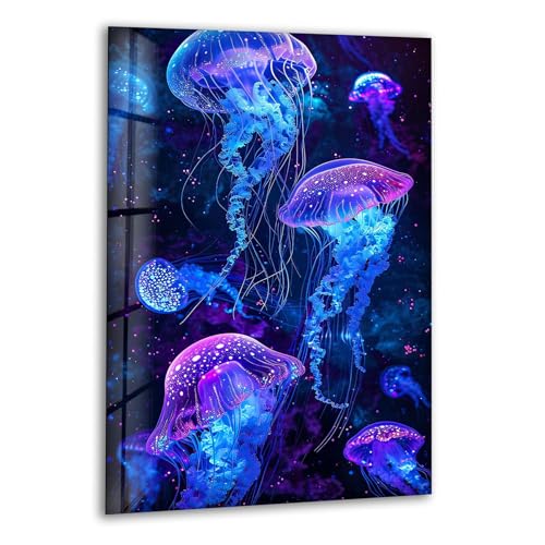 10Wx12H'' Glowing Jellyfish Glass Wall Art Tempered Glass Printing Wall Decor Large Wall Art Wall Hangings