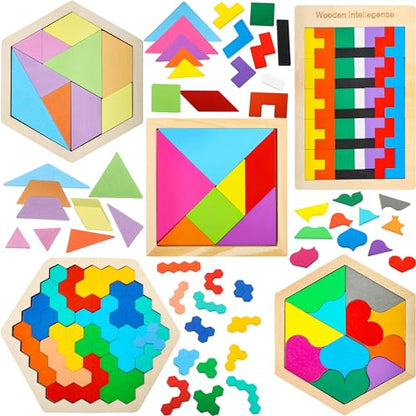 5 Pack Wooden Tangrams Puzzle Set Wooden Hexagon Puzzle Wood Russian Blocks Tangram Puzzle Brain Teaser Puzzles for Kids Adults 3D Logic Intelligence IQ Game Gift (5 Count)
