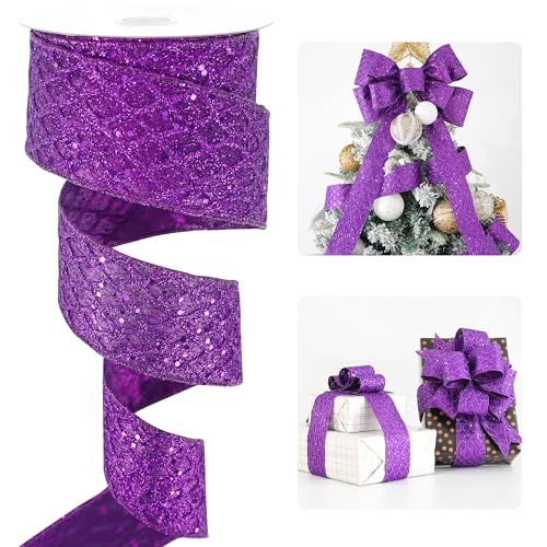 Purple Glitter Diamond Christmas Wired Ribbon 2.5 inch x 10 Yds (30 Foot)