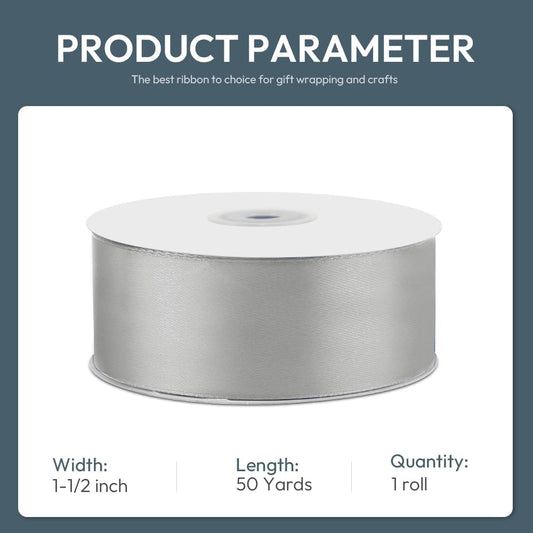 KMER LIFE 1-1/2" Wide x 50 Yards Silvery Single Faced Polyester Satin Ribbon, Silvery Satin Ribbon Perfect for Wedding Decor, Wreath, Crafts, Gift Wrapping & Other Projects (Silvery) - Crafty Corner