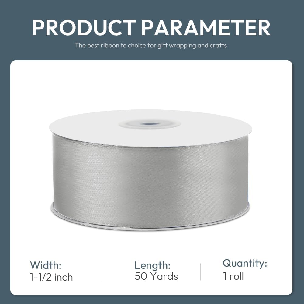 KMER LIFE 1-1/2" Wide x 50 Yards Silvery Single Faced Polyester Satin Ribbon, Silvery Satin Ribbon Perfect for Wedding Decor, Wreath, Crafts, Gift Wrapping & Other Projects (Silvery) - Crafty Corner
