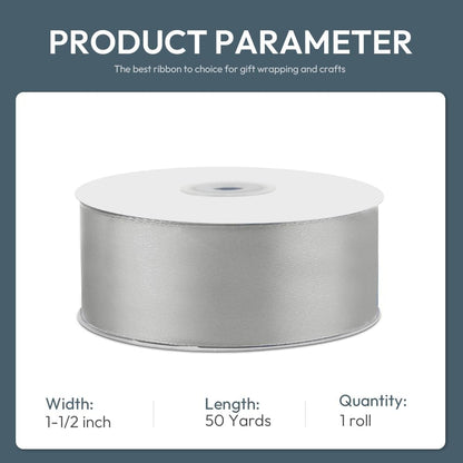KMER LIFE 1-1/2" Wide x 50 Yards Silvery Single Faced Polyester Satin Ribbon, Silvery Satin Ribbon Perfect for Wedding Decor, Wreath, Crafts, Gift Wrapping & Other Projects (Silvery) - Crafty Corner