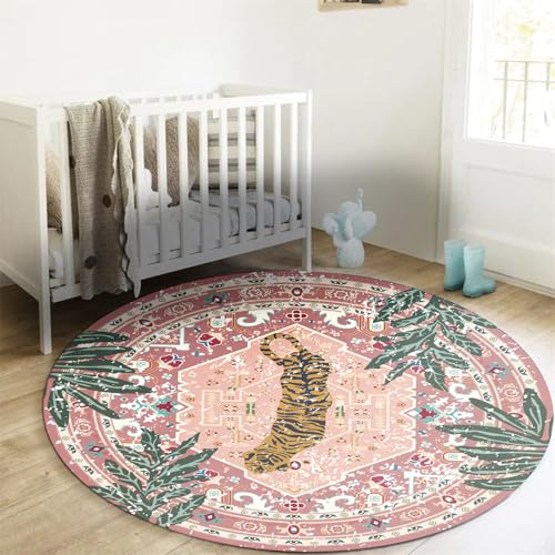 Washable Pink Rugs Thin Oriental Boho Vintage Cute Tropical Leopard 5ft Round Area Rugs for Bedroom Kitchen Dining Living Room Office Indoor Entryway Distressed Nursery Circle Carpet (19.67 Sq Ft)