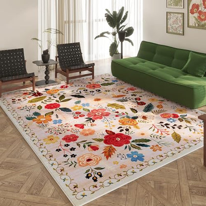 Living Room Rug 6x9 Rug Machine Washable Boho Area Rug Non Slip Floral Vintage Low Pile Large Rug for Living Room
