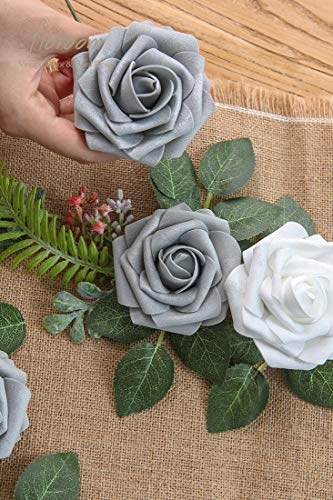 Artificial Flowers 50pcs Real Looking Shimmer Silver Grey Foam Fake Roses with Stems for DIY Christmas Tree Xmas Wedding Bouquets Party Tables Centerpieces Floral Arrangements Home Decor (50 Count)