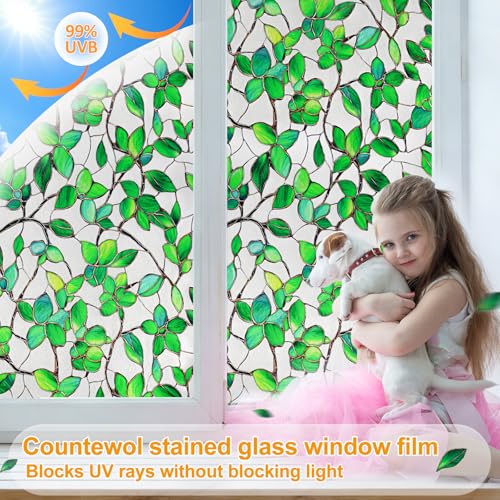 Greenery Leaf Static Cling Window Film Frosted Stained Glass Privacy Anti