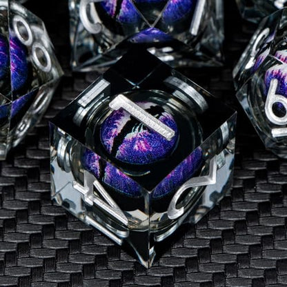DND Resin Dice Dragon Eye Dice Liquid Core Purple Sharp Edged Dice Set with Gift Box