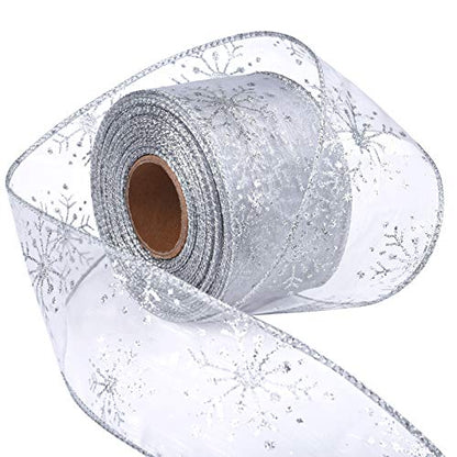 2.5 Inch Wide Christmas Wired Ribbon Snowflake Organza Sheer Glitter Ribbon for Xmas Tree (65.69999999999999 Foot)