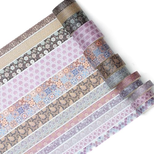 12 Rolls Exotic Charm Washi Tape Set Floral Arts Adhesive Tapes Geometric Garden Decorative Masking Tape Sets for Craft (12 Count)