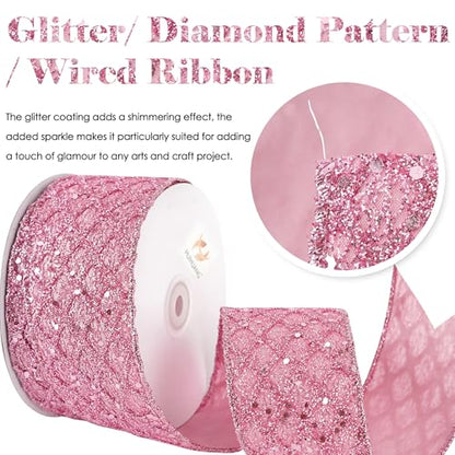 Pink Glitter Diamond Wired Christmas Ribbon 2.5 inch x 10 Yards (30 Foot)