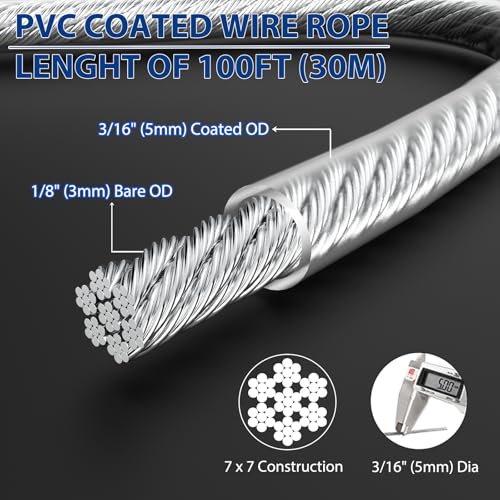 3/16" Cable, 100 ft PVC Coated Steel Cable with 7×7 Strand Core