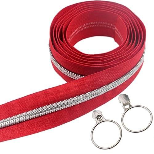 5 Silver Metallic Teeth Nylon Coil Zippers by The Yard Bulk 10 Yards Red Zipper Tape with 25pcs Silver Ring Pull Sliders for DIY Sewing Tailor Craft Bag (25 Count)