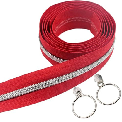 5 Silver Metallic Teeth Nylon Coil Zippers by The Yard Bulk 10 Yards Red Zipper Tape with 25pcs Silver Ring Pull Sliders for DIY Sewing Tailor Craft Bag (25 Count)