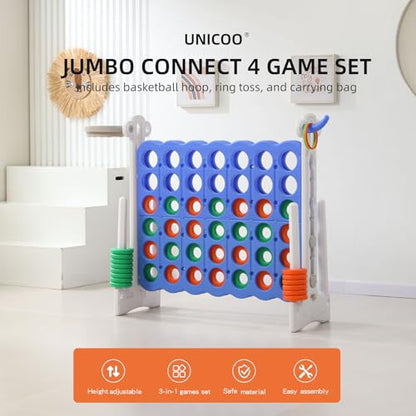 Jumbo 4-in-a-Row Game Set, Height Adjustable Indoor Outdoor Yard Game with Basketball Hoop, Ring Toss & Carrying Bag, Family Party Lawn Game for Kids and Adults