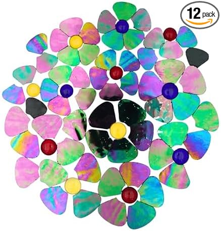 Iridescent Flower Mosaic Tiles – 12pcs Mixed Sizes, 5-Petal Iridescent Mica Flowers with Center Beads for DIY Mosaic Art, Fairy Garden, Home Craft, Outdoor Decor (Iridescent Black)