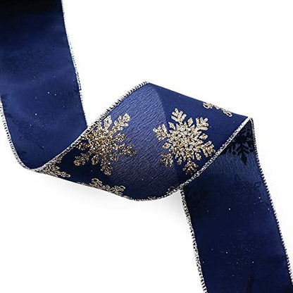 Navy Satin Gold Snowflake Wired Ribbon 2.5 Inch x 10 Yards for Christmas Home Decor Tree Topper Bow Gift Wrapping DIY Crafts Wreath Garland (30 Foot)