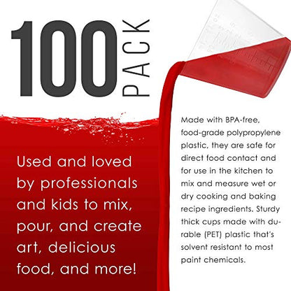 3 Oz (90 ml) Liquid Measuring Cups, 100 Pack with 25 Sticks