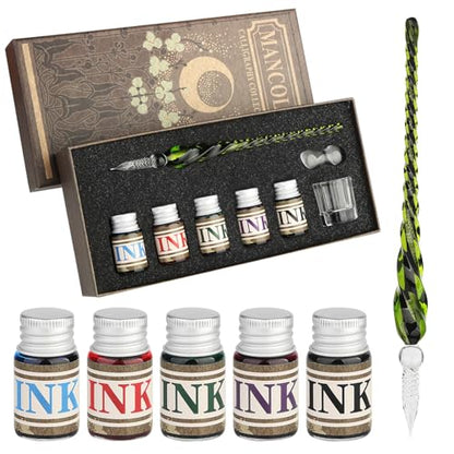 Glass Dipped Crystal Calligraphy Pen Set with 5 Colorful India Ink (6 Count)
