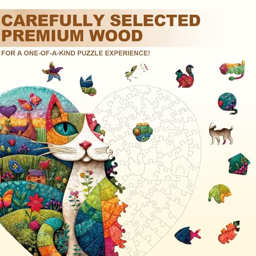 Mosaic Meadow Cat Puzzles Adults Gifts for Women Men Wooden 225 Pieces 13.4 x 11.5in