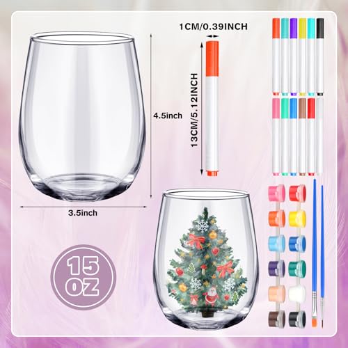 4 Sets Crafts Gift Paint Your Own Wine Glass 15 oz Painting 12 Pcs DIY Markers 12 Colors Acrylic Paint with Brushes to Design Your Own Personalized Craft (16 Count)