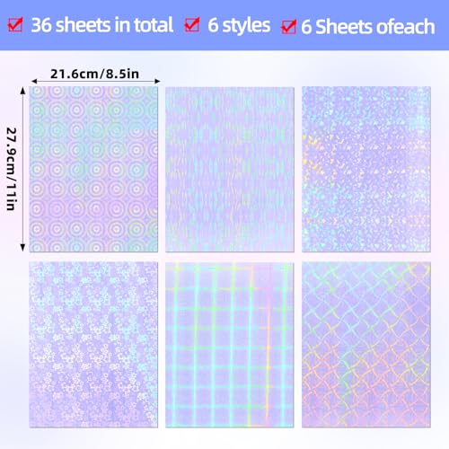 36 Sheets Holographic Laminate Sheets 8.5x11 Inch Self Adhesive 6 Patterns (36 Count)