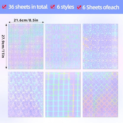 36 Sheets Holographic Laminate Sheets 8.5x11 Inch Self Adhesive 6 Patterns (36 Count)