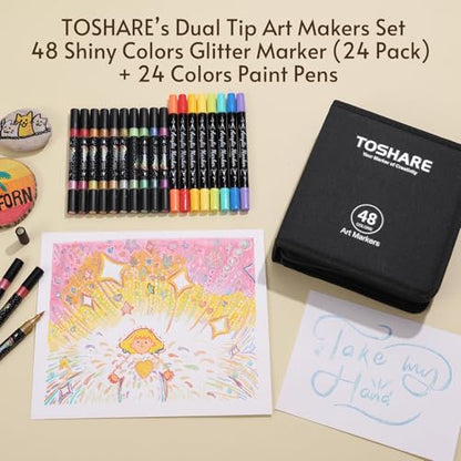 72 Colors 48 Pack Dual Tip Glitter Markers & Acrylic Markers Set (48 Count)