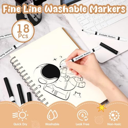 18 Pcs Line Washable Markers Black Fine Tip Markers for Kid