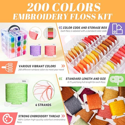 262 Pack Embroidery Thread Floss Kit Including 200 Colors 8 M
