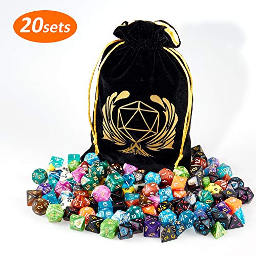 20 Set DND Polyhedral Dice with Storage Pouch (20 Count)