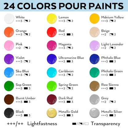 24 Colors 8.45oz Large Volume Acrylic Pour Paint Kit (202.8 Fl Oz)