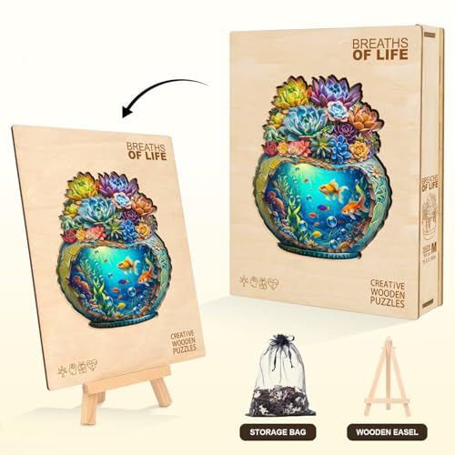 Succulent Ocean Puzzles Potted Colorful Plants Flowers Aquarium Vase Fish Puzzle Adults Gifts for Women Men Wooden 165 Pieces 11.4 * 10.0in (165 Count)
