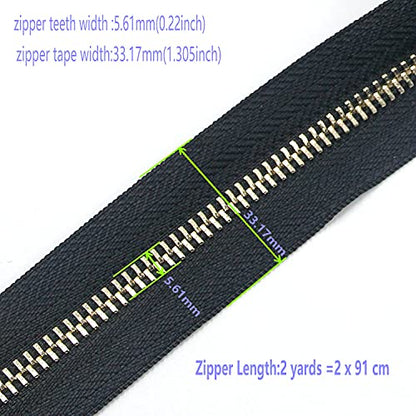 5 Metal Zippers Roll Bulk 2 Yards Black Zipper by The Yards with 10 pcs Sliders Light Gold Teeth Zipper for Sewing Bag Craft Backpack